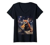 Donna Cool Red Panda Mangiare Pizza Night Scene Maglietta con Collo a V