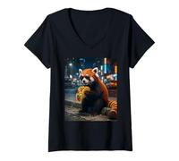Donna Cool Red Panda Mangiare Taco Notte Scena Maglietta con Collo a V