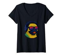 Donna Cool Retro Cane con Cuffie Maglietta con Collo a V