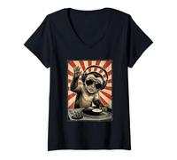 Donna Cool Retro Monkey DJ Scimmie Divertenti Musica Uomini Donne Maglietta con Collo a V