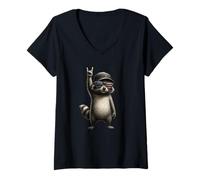 Donna Cool Retro Racoon With Cap Bandiera US Sunglasses Racoon Lover Maglietta con Collo a V