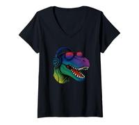 Donna Cool Retro T-Rex Dino con cuffie Maglietta con Collo a V