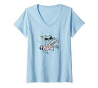 Donna Cool Rock Cat, Divertente Chitarra a Forma di Gatto Rock Star, Amante della Musica Kawaii Maglietta con Collo a V