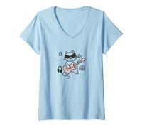 Donna Cool Rock Cat, Divertente Chitarra a Forma di Gatto Rock Star, Amante della Musica Kawaii Maglietta con Collo a V
