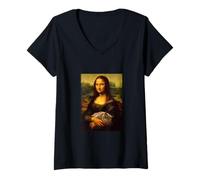 Donna Cool Sarcastic Mona Lisa Carrying Her Cat Graphic Designs Maglietta con Collo a V
