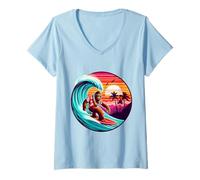 Donna Cool Sasquatch sulla tavola da Surf con Tramonto Tropicale e Onde Maglietta con Collo a V
