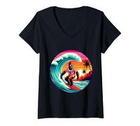 Donna Cool Sasquatch sulla tavola da Surf Surf Onde Tropicali del Tramonto Maglietta con Collo a V