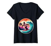 Donna Cool Sasquatch sulla tavola da Surf Surf Onde Tropicali del Tramonto Maglietta con Collo a V