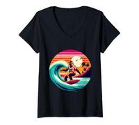 Donna Cool Sasquatch sulla tavola da Surf Surf Onde Tropicali del Tramonto Maglietta con Collo a V