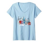 Donna Cool Sketch Hand Drawn London Skyline Landmarks Illustration Maglietta con Collo a V