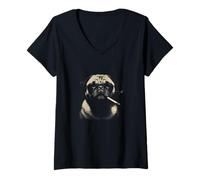 Donna Cool Smoking Pug Dog, Divertente Ritratto di Animale Hipster Maglietta con Collo a V