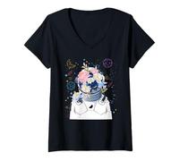 Donna Cool Space Floral Astronaut Illustration Graphic Maglietta con Collo a V