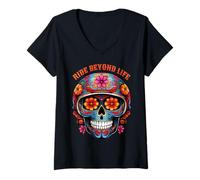 Donna Cool Sugar Skull Casco Moto Mexican Day of The Dead Maglietta con Collo a V