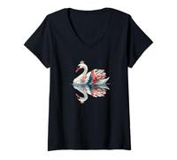 Donna Cool Swan con Colori del Regno Unito per Gli Amanti Britannici Maglietta con Collo a V