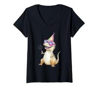 Donna Cool T-Rex Party Dino Celebration Occhiali da Sole Maglietta con Collo a V