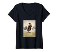 Donna Cool Teddy Bear Playing Horse Polo Game Illustration Graphic Maglietta con Collo a V
