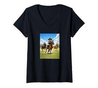 Donna Cool Teddy Bear Playing Horse Polo Game Illustration Graphic Maglietta con Collo a V