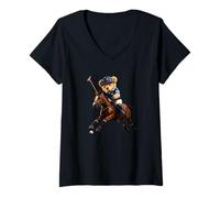 Donna Cool Teddy Bear Playing Horse Polo Game Illustration Graphic Maglietta con Collo a V