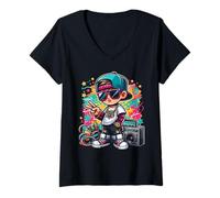 Donna Cooler Hip Hop Guy Graffiti Artisti Illustrazione Grafica Maglietta con Collo a V