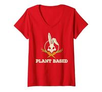 Donna Cooles Vegan Vegetarier Plant Based T-Shirt Coniglio Teschio Maglietta con Collo a V, Rosso, S