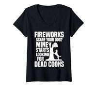 Donna Coonhound Coonhunting Fuochi d'artificio Hunter Raccoon Caccia Maglietta con Collo a V