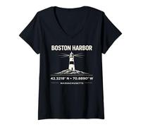 Donna Coordinate del Faro di Boston Harbor Massachusetts Maglietta con Collo a V