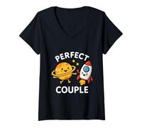Donna Coppia Perfect Cute Planet Rocket Design Maglietta con Collo a V