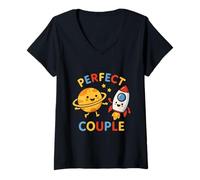 Donna Coppia Perfetto Pianeta Rocket Cute Humor Maglietta con Collo a V