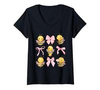 Donna Coquette Bee Pink Bow Bumblebee Theme Birthday Girls Maglietta con Collo a V