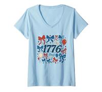 Donna Coquette Bow 4 July 1776 - Camicia con bandiera americana e grafica floreale Maglietta con Collo a V