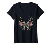 Donna Coquette Camo Bow Camouflage Antlers Caccia Anatra Donne Ragazza Maglietta con Collo a V