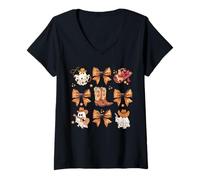 Donna Coquette Halloween Zucca Bow Cute Ghost Spooky Season Maglietta con Collo a V