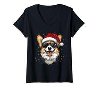 Donna Corgi, Cappello da Babbo Natale, Divertente, Carino, Cane, Mamma, papà, Natale Maglietta con Collo a V