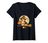 Donna Corgi Cappello da Strega Jack O Lantern Pumpkin Full Moon Scopa Maglietta con Collo a V