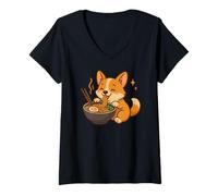 Donna Corgi con Noodles Ramen Cane Kawaii Maglietta con Collo a V