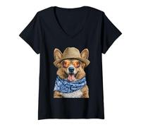 Donna Corgi con Occhiali da Sole e Cappello di Paglia Beachgoer Dog Summer Maglietta con Collo a V
