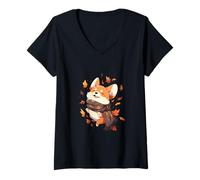 Donna Corgi Dog Autumn Leaves Ringraziamento Maglietta con Collo a V