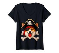 Donna Corgi Dog Pirate Jolly Roger Bandiera Halloween Ragazzi Ragazze Bambini Maglietta con Collo a V