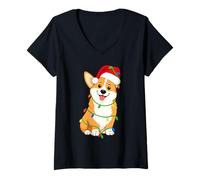 Donna Corgi Luci Albero di Natale Vacanza Amante del Cane Maglietta con Collo a V