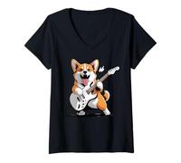 Donna Corgi Suonare Chitarra Rock Star Roll Cozy Corgi Lovers Corgis Maglietta con Collo a V