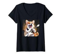 Donna Corgi Suonare Chitarra Rock Star Roll Cozy Corgi Lovers Corgis Maglietta con Collo a V