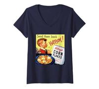 Donna Corn Flakes Cereali per la colazione Mandali indietro Felice Retro Annuncio Maglietta con Collo a V