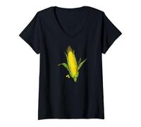 Donna Corn ON The COB Illustrazione Opera d'Arte Botanica Vegetale Maglietta con Collo a V