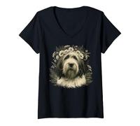 Donna Corona Floreale per Cane Pastore Inglese Bobtail Dog Maglietta con Collo a V