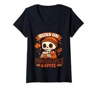 Donna Corre su Zucca Spice Spite Fall Skeleton Halloween Maglietta con Collo a V