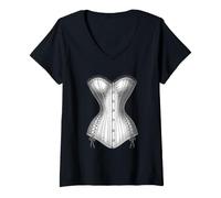 Donna Corsetto Vintage Sposa Moda Arte Maglietta con Collo a V