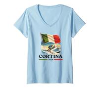 Donna Cortina Vintage Ski Italia Alpi Sport Invernali Design Maglietta con Collo a V