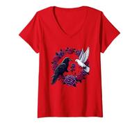 Donna Corvo Nero Corvo Rose Colomba Bianche - L'Amore degli opposti Maglietta con Collo a V