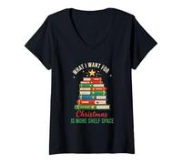 Donna Cosa Voglio per Natale Shelf Space Book Lover Bibliophile Maglietta con Collo a V