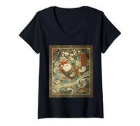 Donna Cosmic Cat Ukiyo E Giapponese Spazio Neko Maglietta con Collo a V